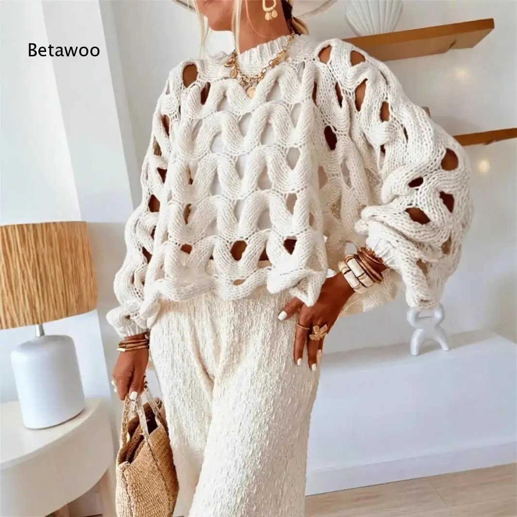 Hollow Cutout Thick Knit Lantern Sleeve Daily Casual Short Knit Top