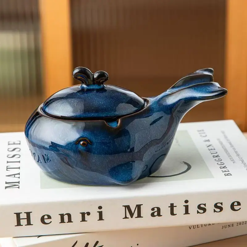 

High-End Whale Covered Ceramic Ashtray Anti-Flying for Living Room Office Light Luxury Home Decor