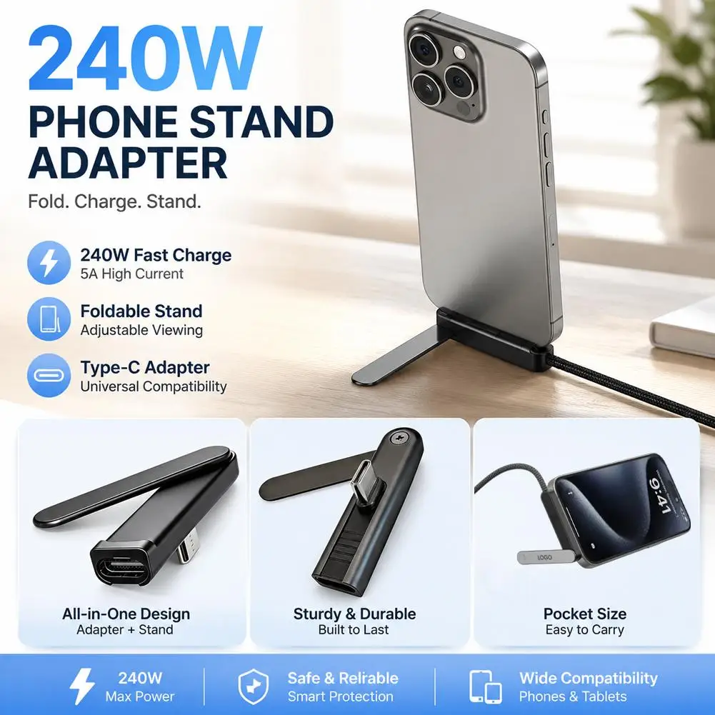 240W Type C Phone Charging Adapter Built-in Stand Bracket Multi-function Foldable Phone Converter For iPhone Xiaomi Samsung