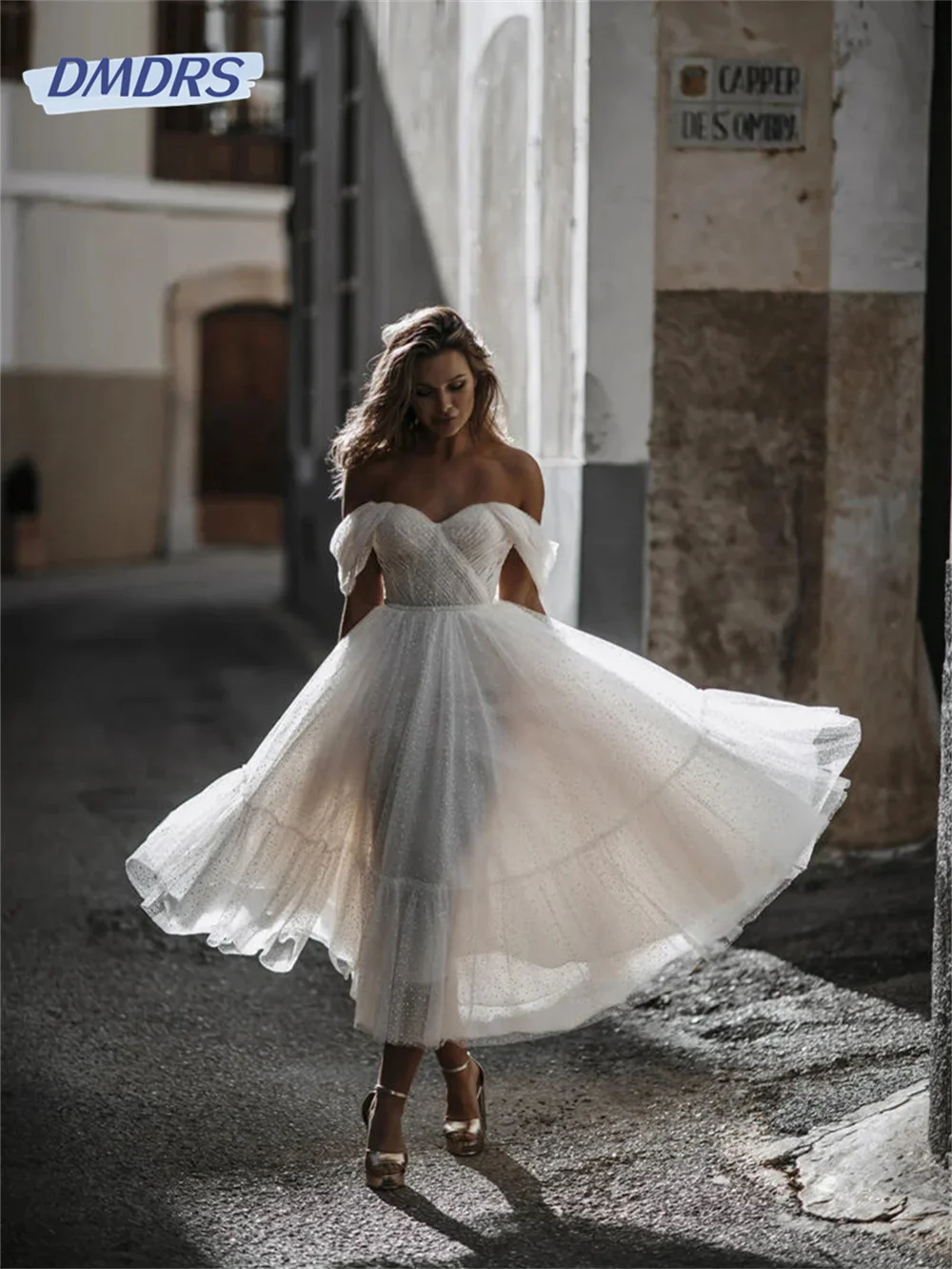 Romantic Gowns Mid-Calf Off the Shoulder Wedding Dress Sweetheart A-Line Pleat Beaded Belt Bride Civil Marriage Register