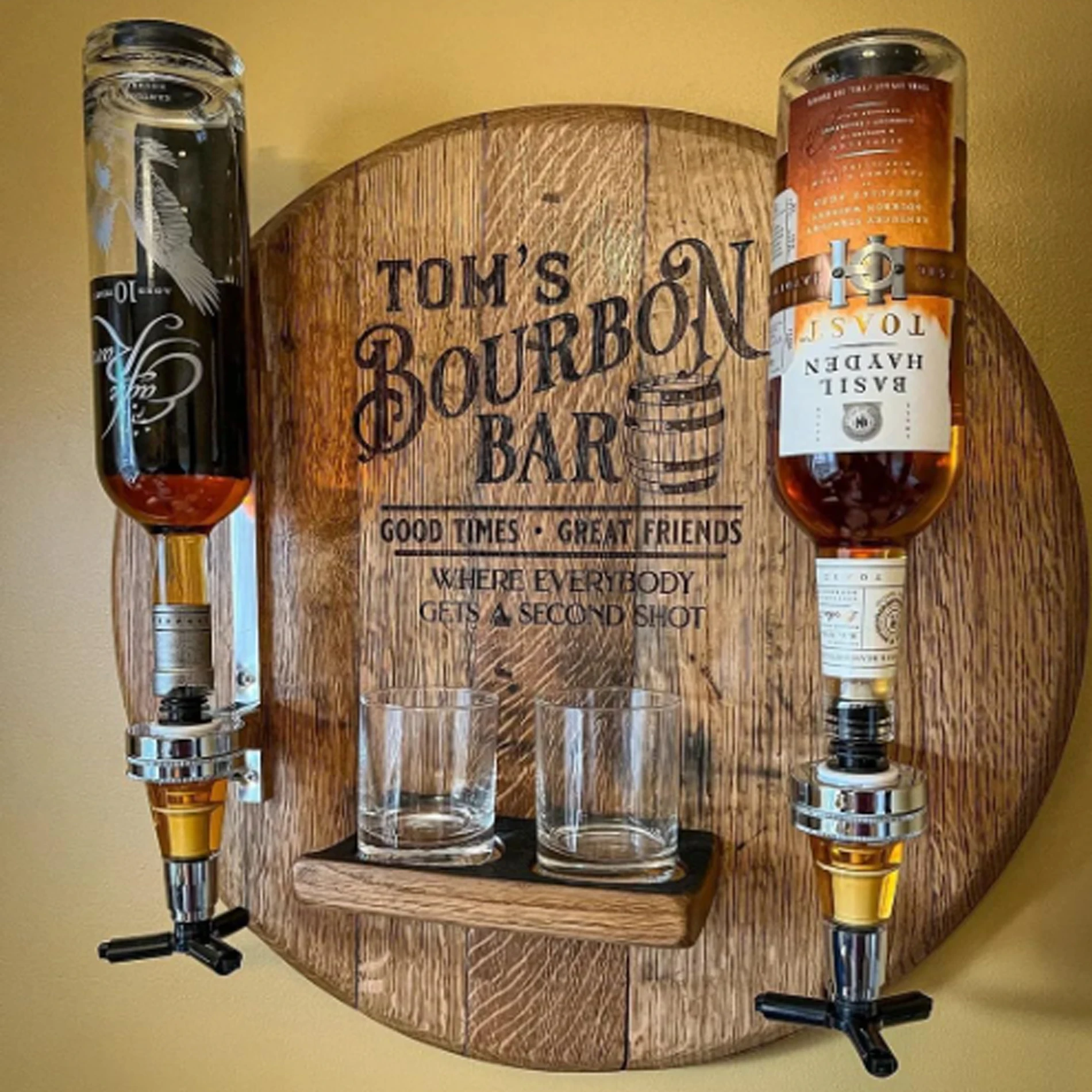 Round Wall Mount Whiskey Dispenser for Home Bar, Wooden Drink Dispenser with Name Custom, Liquor Dispenser Whiskey Decanter Set