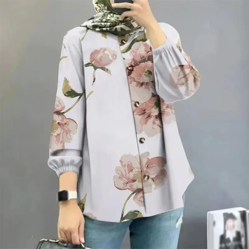 

Womens Top 2024 Women's Muslim Flower Shirt Long Robe Fashion Bubble Sleeve Muslim Shirt Temperament Elegant Female for Bloues