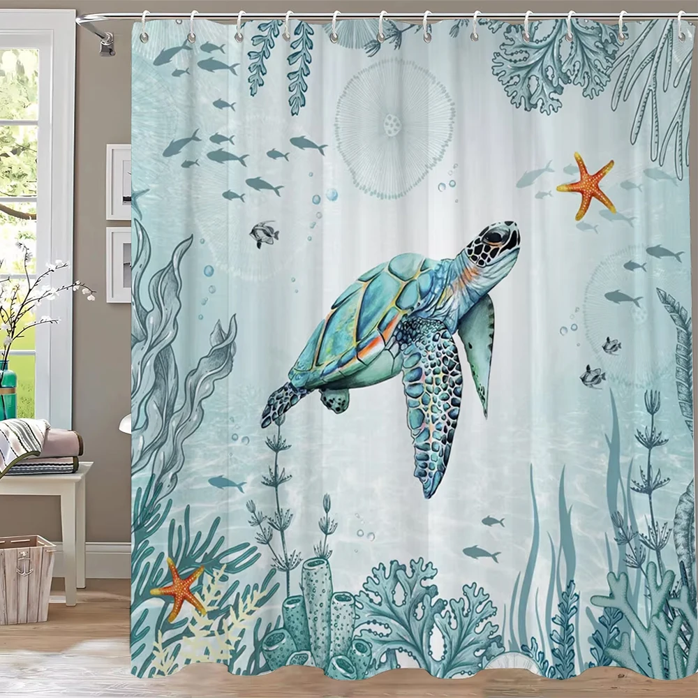 Sea Turtle Ocean Animal Shower Curtain Starfish Underwater Plants Coral Algae Watercolour Art Home Shower Curtain Bathroom Decor