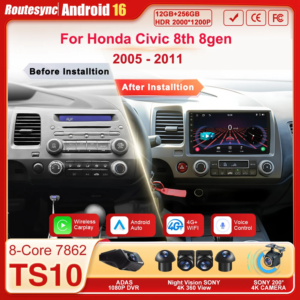

Android 16 For Honda Civic 8th 8gen 2005 2006 2007 2008 2009 2010 2011 Touch Screen Car Radio CarPlay Monitor 8 Core Bluetooth