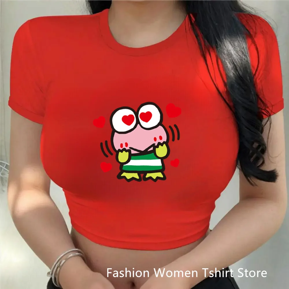 Kawaii Print Female Clothing Cartoon Y2k Party Kero Kero Keroppi Summer Crop Tops  Fashion Sexy Slim Fit Women's T-shirt