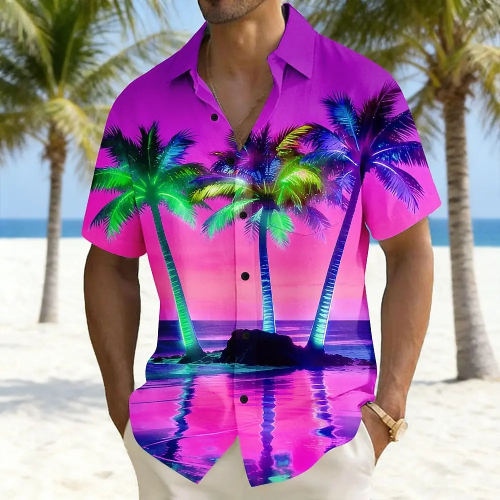 2026 Unisex Coconut Tree Landscape Neon Illuminated Printed Shirt Hawaiian Shirt Short Sleeved Summer Vacation Outfit