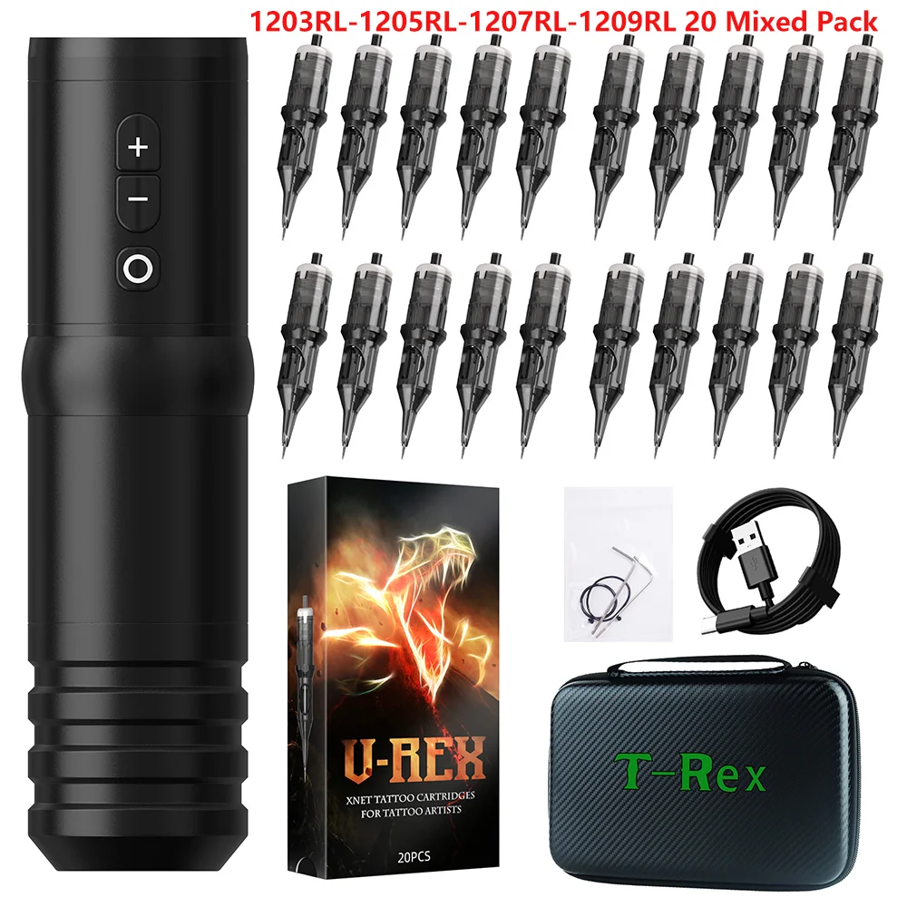 

Профессиональная беспроводная тату-машинка T-rex SkinX, емкость 2000 мАч, аккумулятор, ход 4,0 мм, с 20 иглами для татуировки