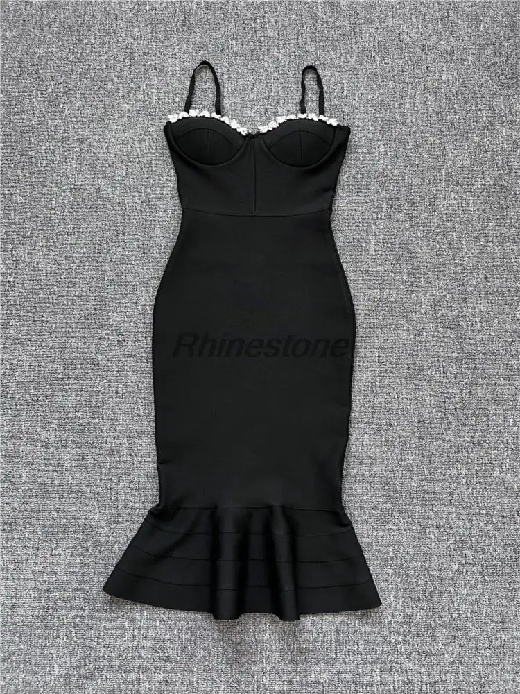 New Luxurious Diamond Studded Sexy Low Cut Fishtail Strap Dress With Elegant Temperament And Bandage