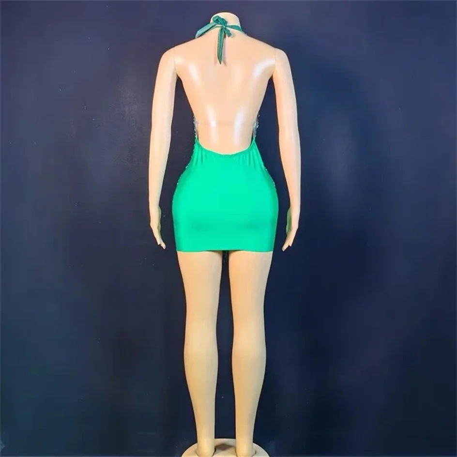 Knipperende Strass Groene Sexy Halter Rugloze Transparante Schede Mini Jurk Verjaardag Vieren Kostuum Vrouwen Danser Prom Outfit