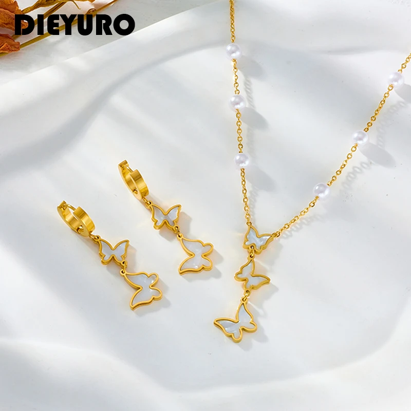 DIEYURO 316L Stainless Steel Butterfly Pearls Pendant Necklace Earrings For Women Girl New Trendy Choker Jewelry Set Gift Party