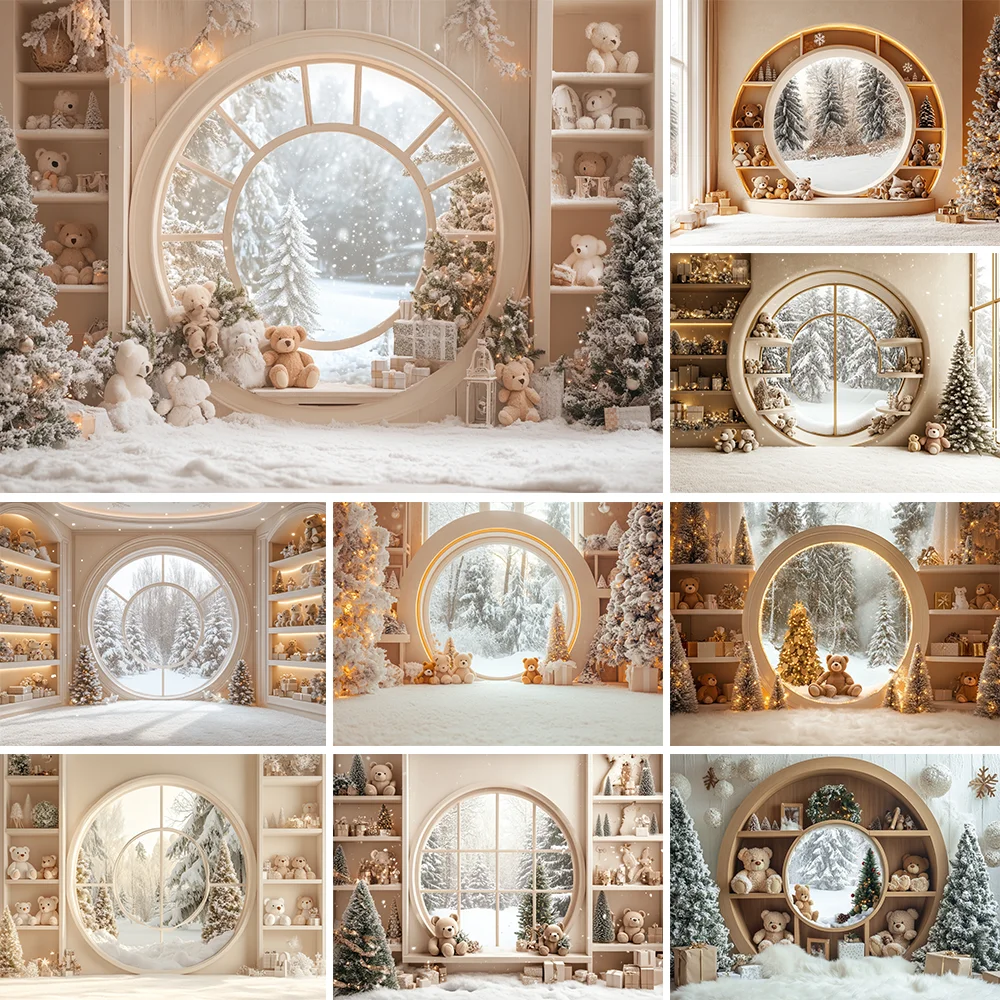 

Christmas Golden Window Photography Background Snow Winter Xmas Tree Bear Child Adult Baby Portrait Backdrop Photo Studio