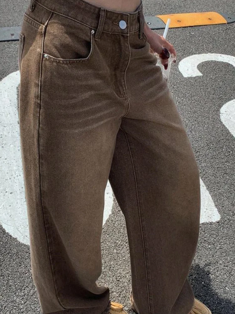 Womens Brown Wash Vintage Jeans High Waist Straight Leg Loose Pocket Pants Fall Winter Y2k Daily Street Casual Trendy Wear