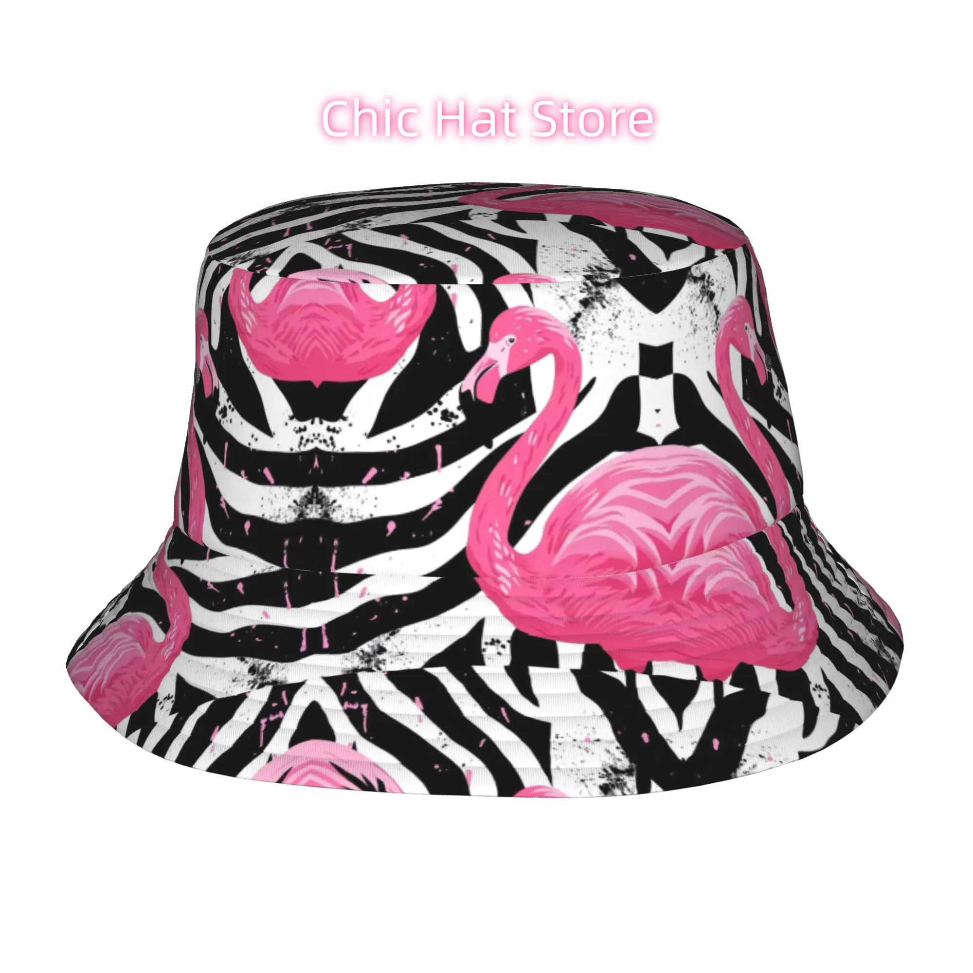1pc Flamingo Zebra Print Fully Printed Fisherman Hat Beach Hat, Unisex Outdoor Sun Hats, Sun Hats, Fashionable Bucket