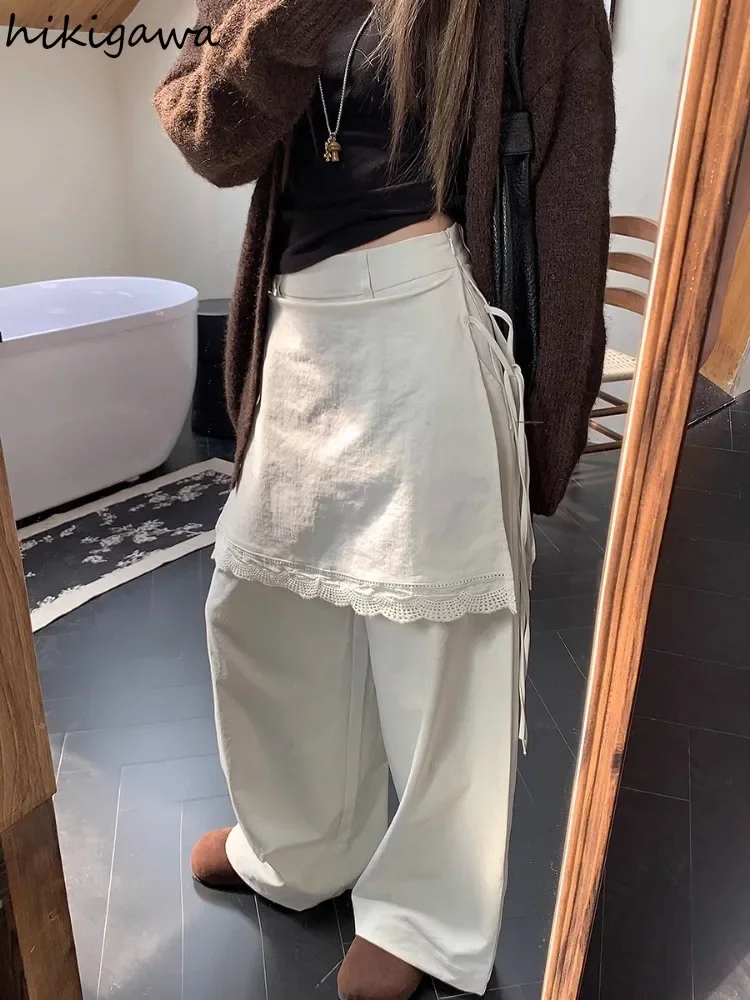 

Женские широкие брюки Fake Two Pantalon Femme в стиле пэчворк с кружевом Y2k, новинка 2025, повседневные шикарные прямые брюки с высокой талией