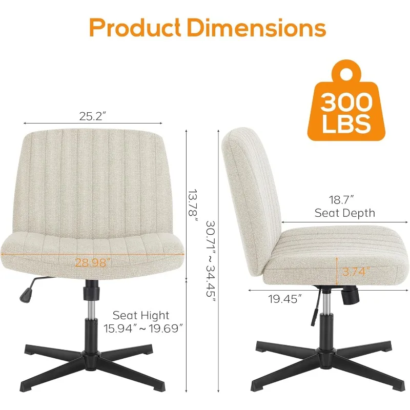 Cross Legged Office Chair, WideComfty Desk Chair, No Wheels Armless Computer Task Chair, Swivel Fabric Vanity Home Chair