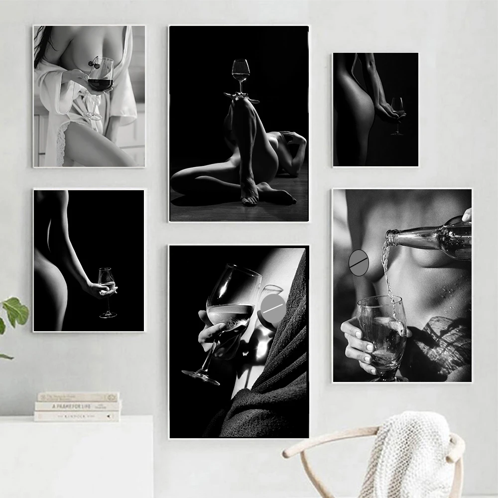 Wine Glass Nude Woman Poster Black White Naked Girl Prints Fashion Wall Art Canvas Painting Picture for Hotel Bedroom Home Decor