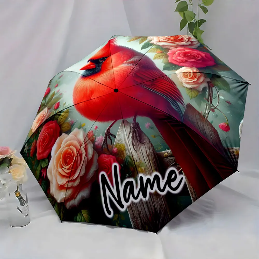 Custom Name  Vivid Red Cardinal and Roses Umbrella Design Print 8 Iron Ribs Folding Umbrella Auto-Open Fashion Sunshade