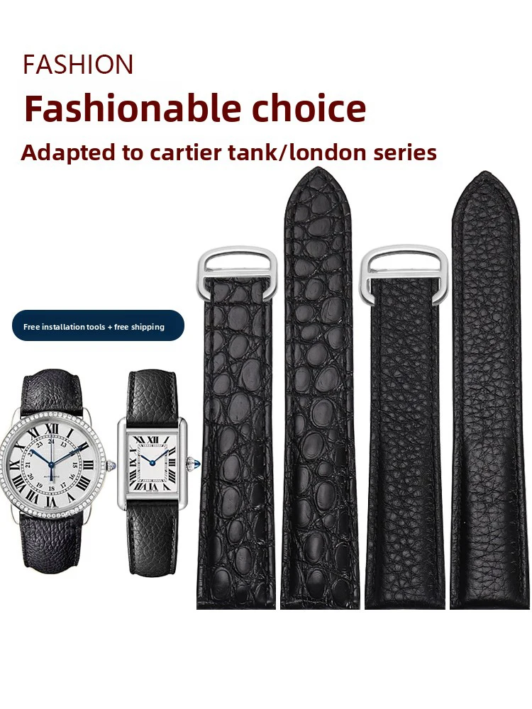 Crocodile skin watch strap For Cartier Tank London Solo Lychee textured cowhide Watchband Men Women band 16 17 18 20 22 23 24mm view 5