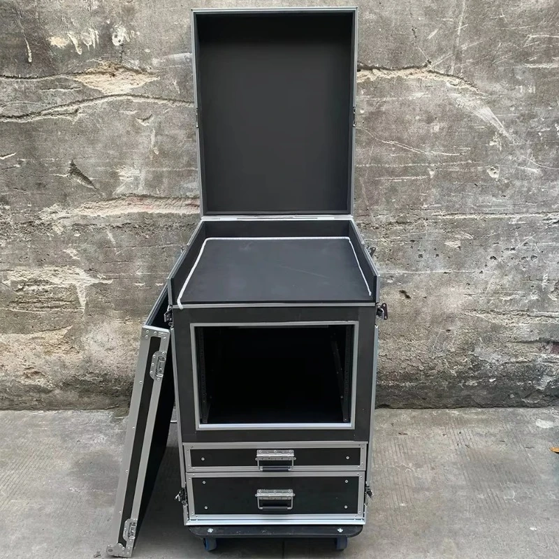 Custom multifunctional stage performance lighting effects DJ performance workstation flight case with drawers and rack space