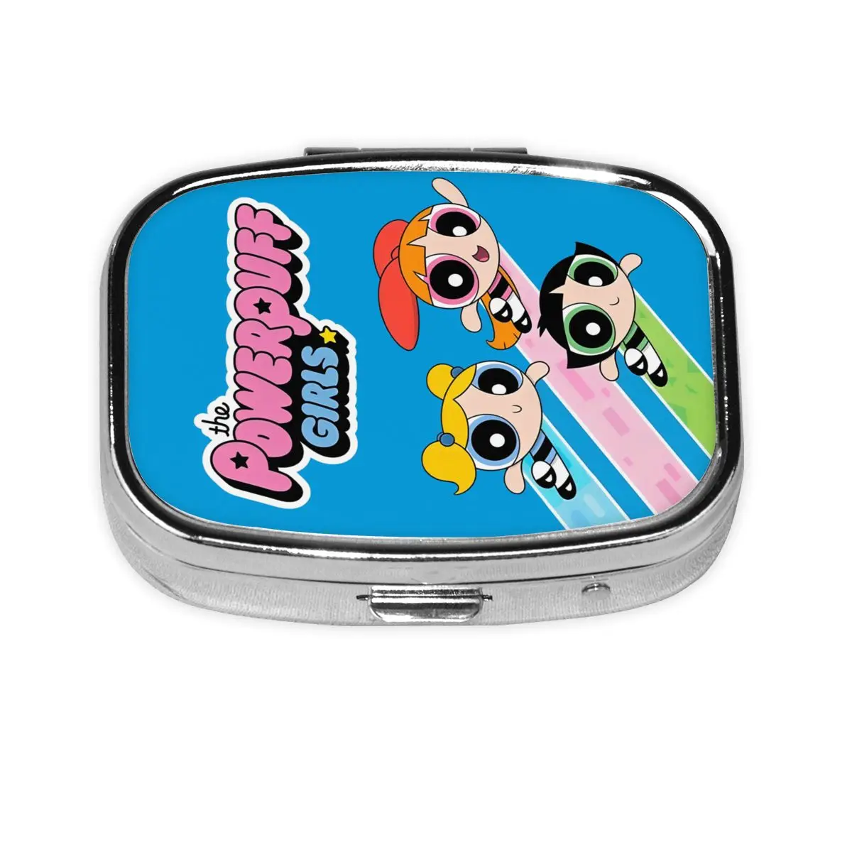 

Металлическая коробка для таблеток The P-PowerPuffs для девочек, мини-кавайный мультяшный фильм, квадратный чехол для таблеток с 2 отделениями, контейнер для кошелька