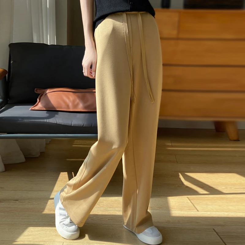 2024 autumn and winter new high waist casual knitted pants women loose solid color slim wide-leg pants worsted wool pants