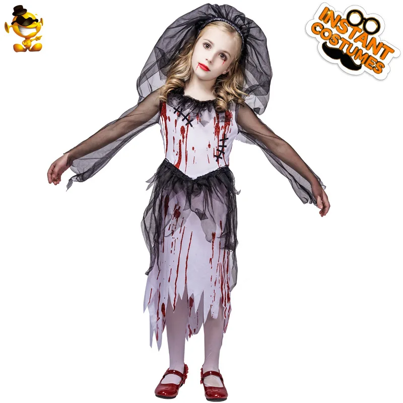 Halloween Horror Bloodstained Little Girl Ghost Bride Costume Headpiece Skirt Cosplay Stage Performance Party Outfit