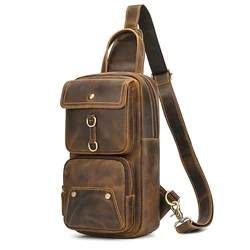Original Designer Leather Shoulder Bag Crazy Horse Leather Men's Chest Bag Crossbody Bag Simple Design Men's Sling Bag Vintage