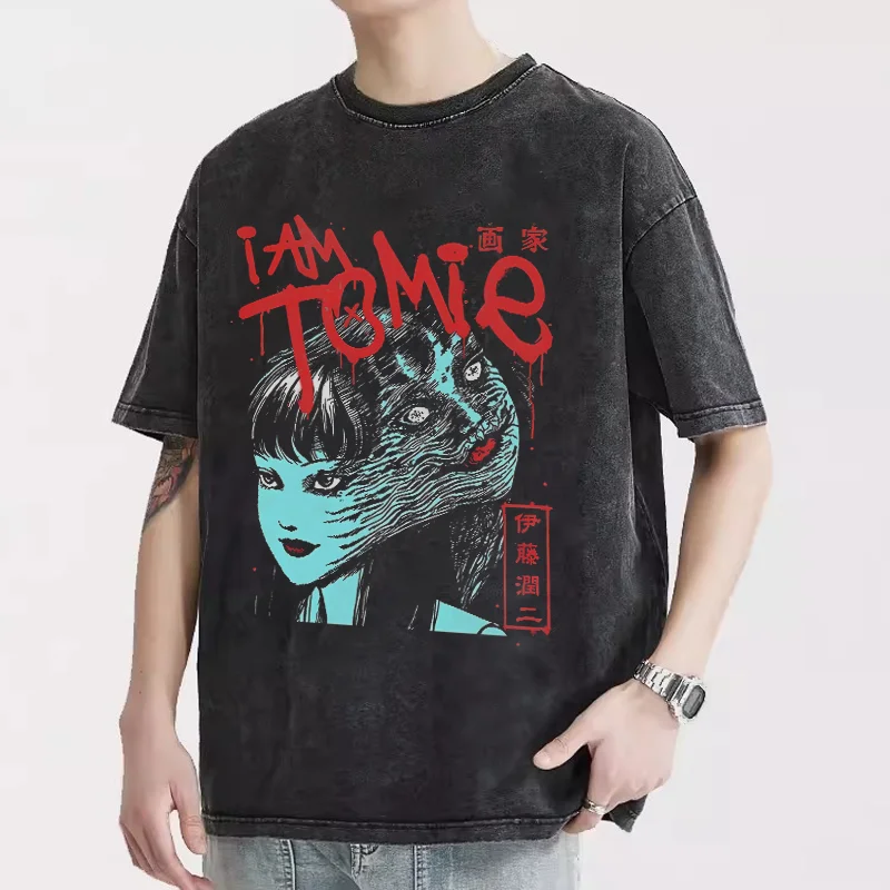 

BANDAI Tomie Junji Lto Tomie Washed Old Printed T-shirt Men's Top Men Clothing Top Men Anime Cotton Retro Washed T-shirt