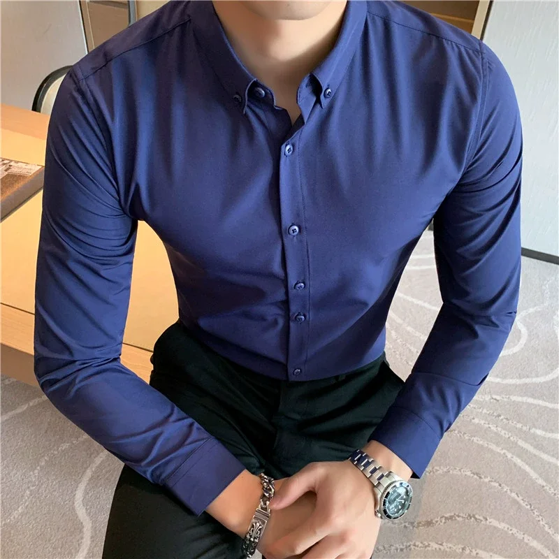 2023 High Quality Men\'s Long Sleeve Business Casual Solid Color Shirt Korean Slim Fit Social Party Shirts Plus Size 7XL 6XL