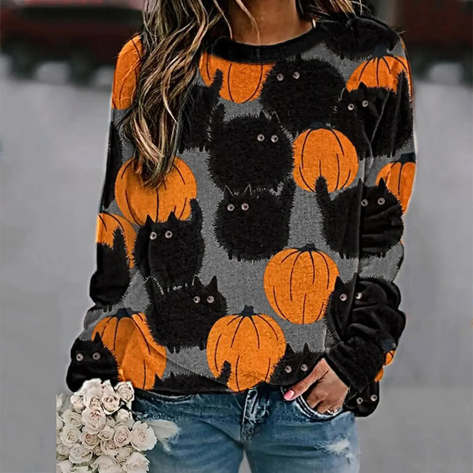 Halloween Gothic Pumpkin Pattern Sweater Women's Winter Warm Retro Kawaii Party Pullover Tops Long Sleeve Jumper Clothing