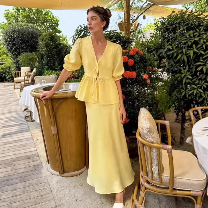 

Holiday Casual Cotton And Linen Bubble Sleeve Top Set Women's Autumn Design Cardigan Trousers Two-piece Set