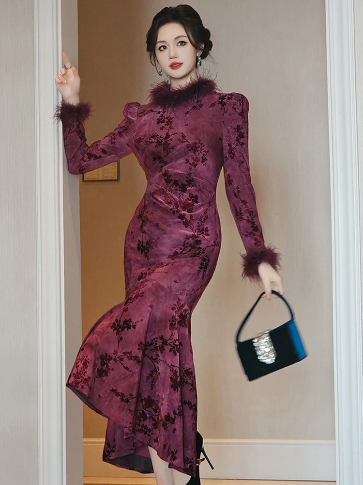 

Women Clothes Retro Flower Feather Puff Sleeve Slim Long Fishtail Dress Elegant Evening Party Birthday Vestido Autumn Winter New