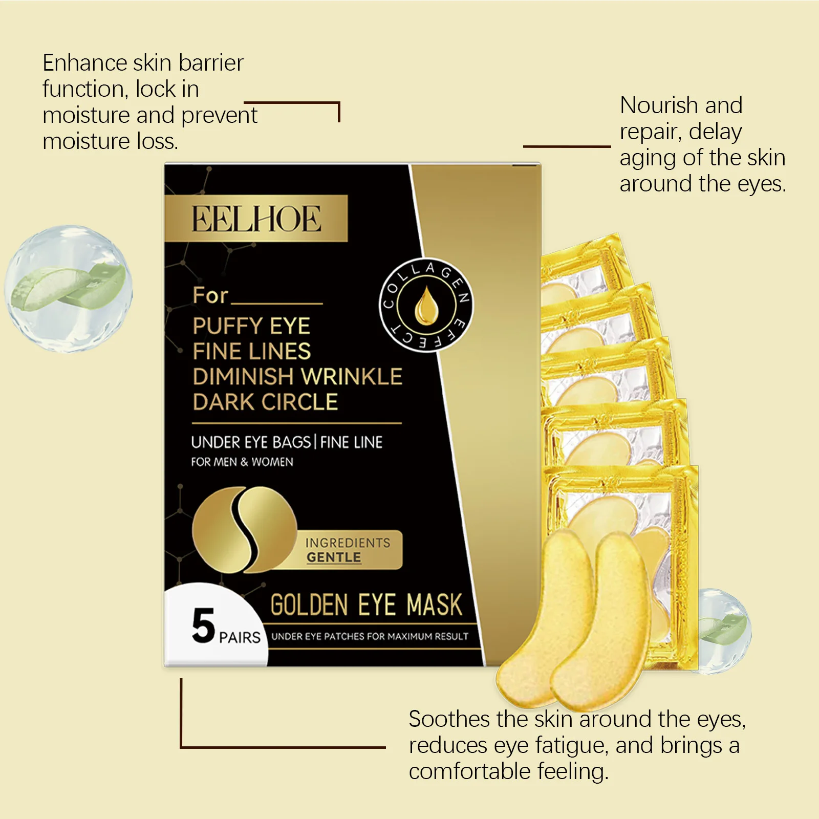 

Eelhoe Golden Eye Tightening Mask Removing Darkening Reduce Redness Improve Puffiness Relieve Fatigue Nourish Dry Eye Care Masks