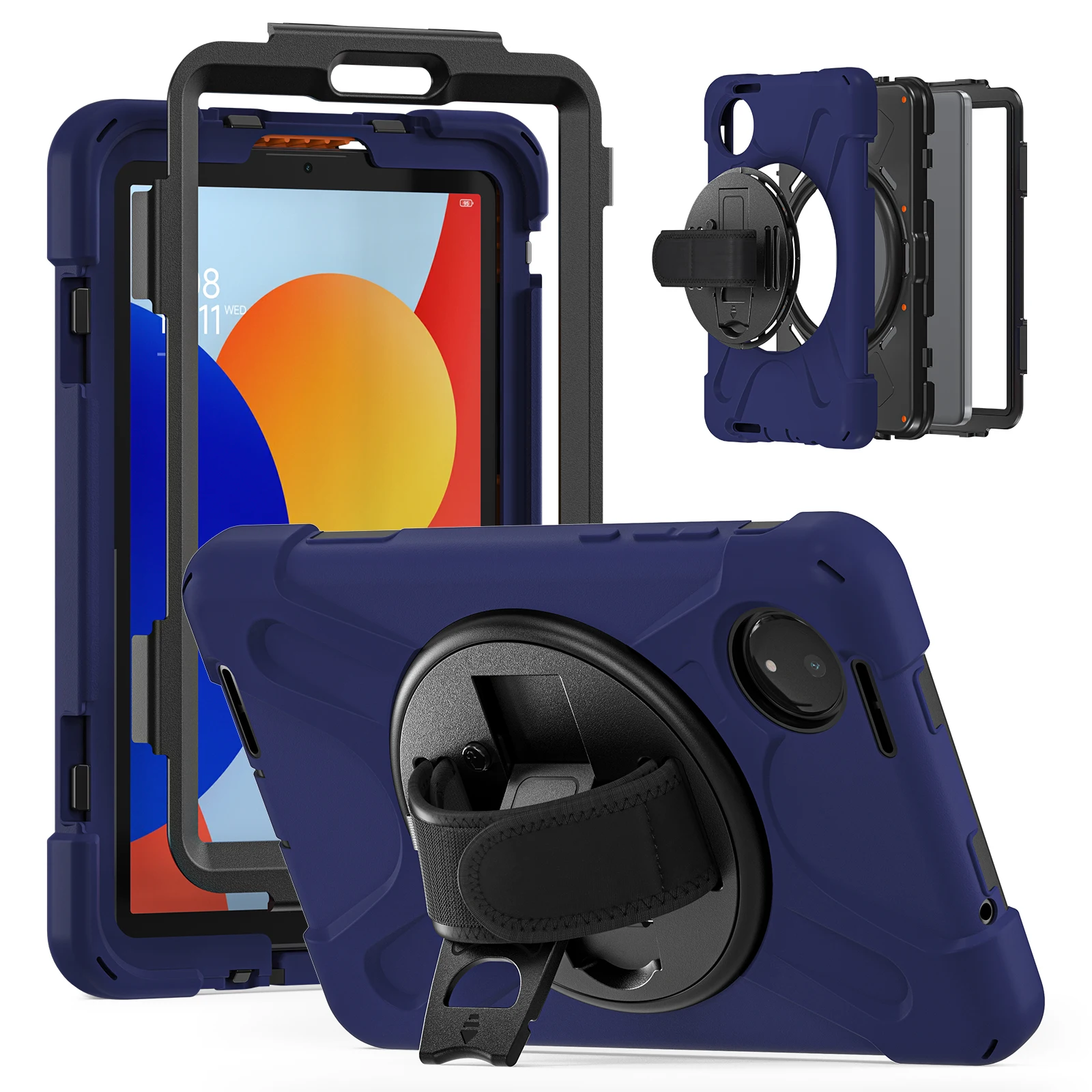 

For Xiaomi Redmi Pad SE 4G 8.7 inch Case Rotary Kickstand PC+Silicone Hand Strap Tablet Cover - Navy Blue