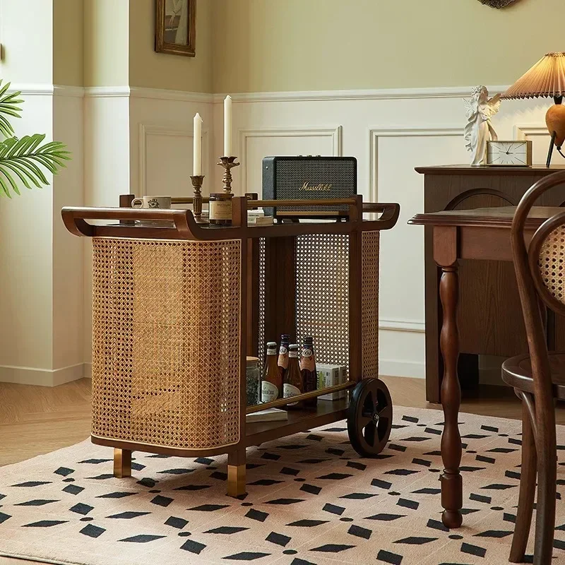 French medieval style cart side few living room sofa side movable dining car solid wood double shelf