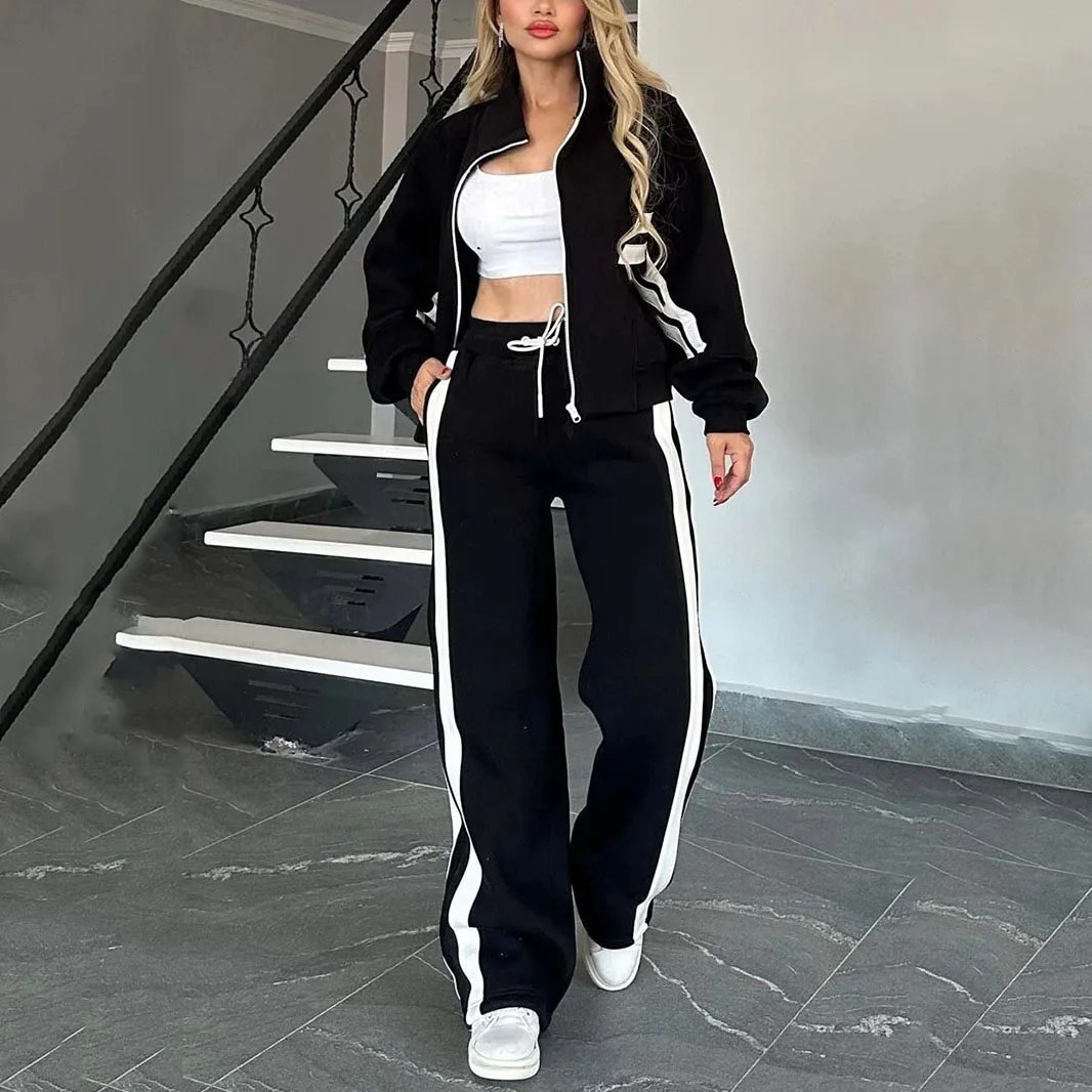 

2025 женский повседневный свободный комплект из 2 предметов, полосатая куртка на молнии, широкие брюки, осенний наряд