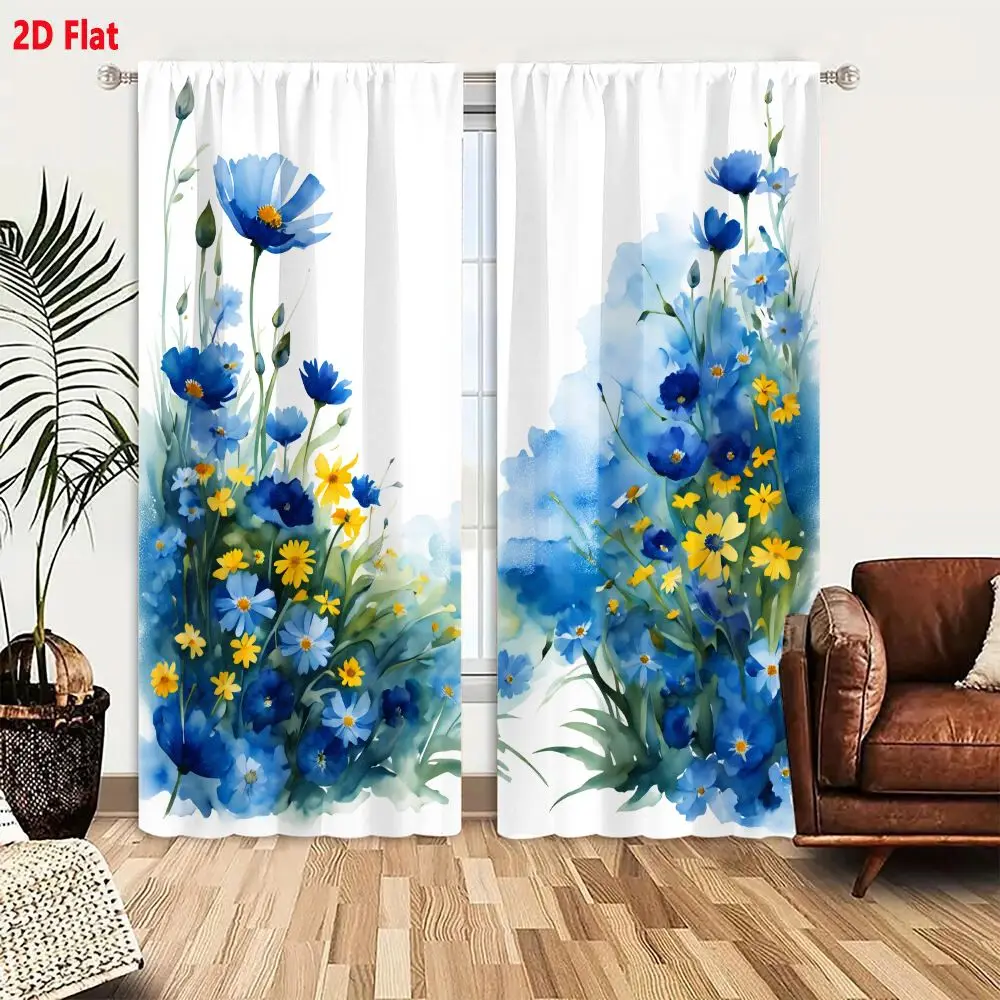 2Pcs Curtains 2D Flat Watercolor Style Blue Yellow Flowers Illustration Vibrant Arrangement White Background Delicate Petals Gre