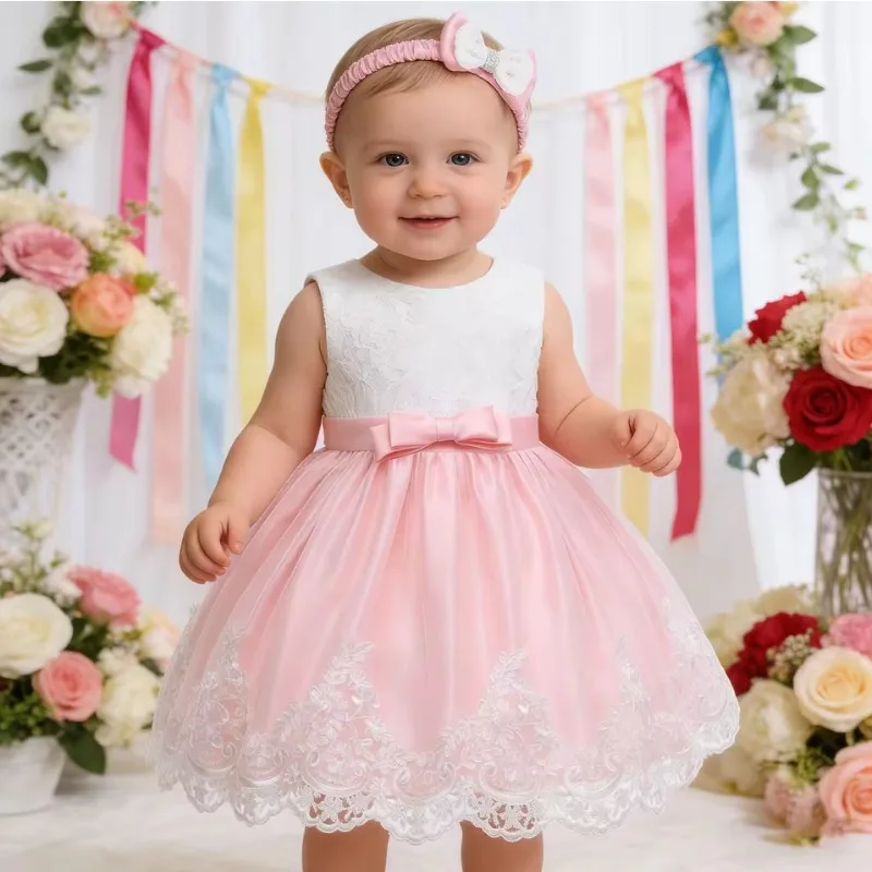 Baby Girls Lace Puff Dress with Bow Hairband Spring Party Outfit for 100 Days One Year Old