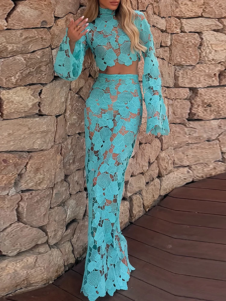 Sexy High Neck Flared Sleeve Hug Hip Outfit  Fashion No Inner Long Sleeve Vacation Suits Elegant Solid Zipper Top&Skirt 2pc Set