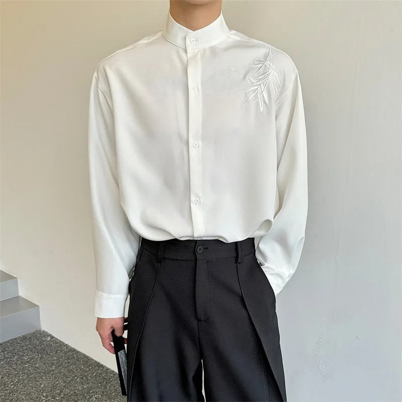 

Autumn Winter Large Size Embroidered Men's irt Long Sve Stand Collar Drapey Pure Color Casual Sle Outerwear