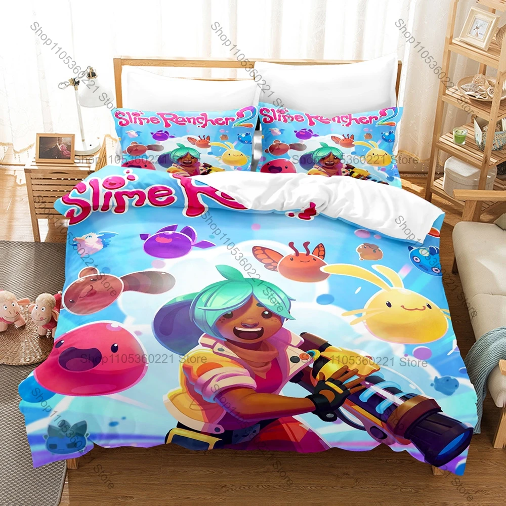 Slime Rancher 2 3PCS Bedding Set, Duvet Cover + 2 Pillowcases, Cute Game Slime Print Soft Microfiber for Gamers Bedroom Decor