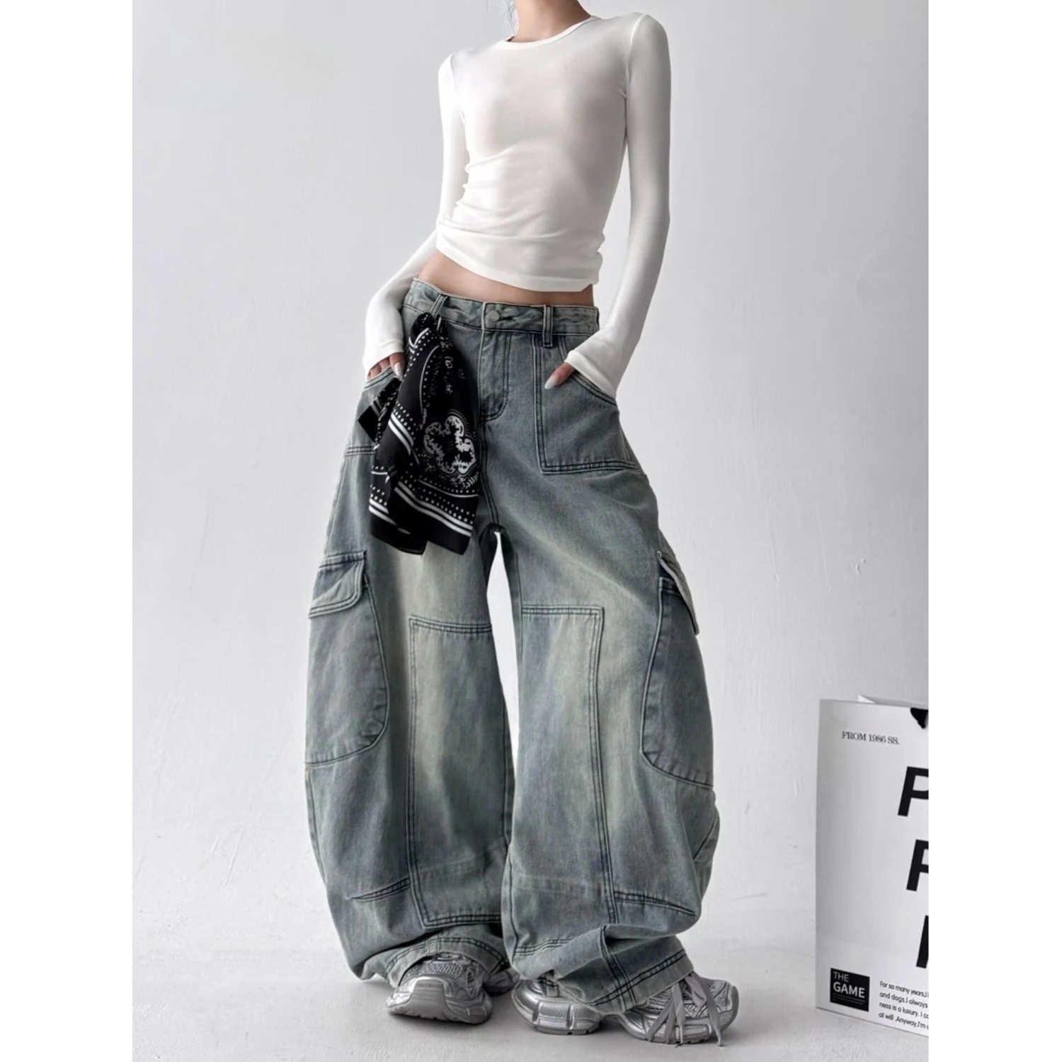 Women's Harajuku Style Jeans Minimalist Vintage Denim Pants Loose Fit Straight Leg Casual Fashion Trousers