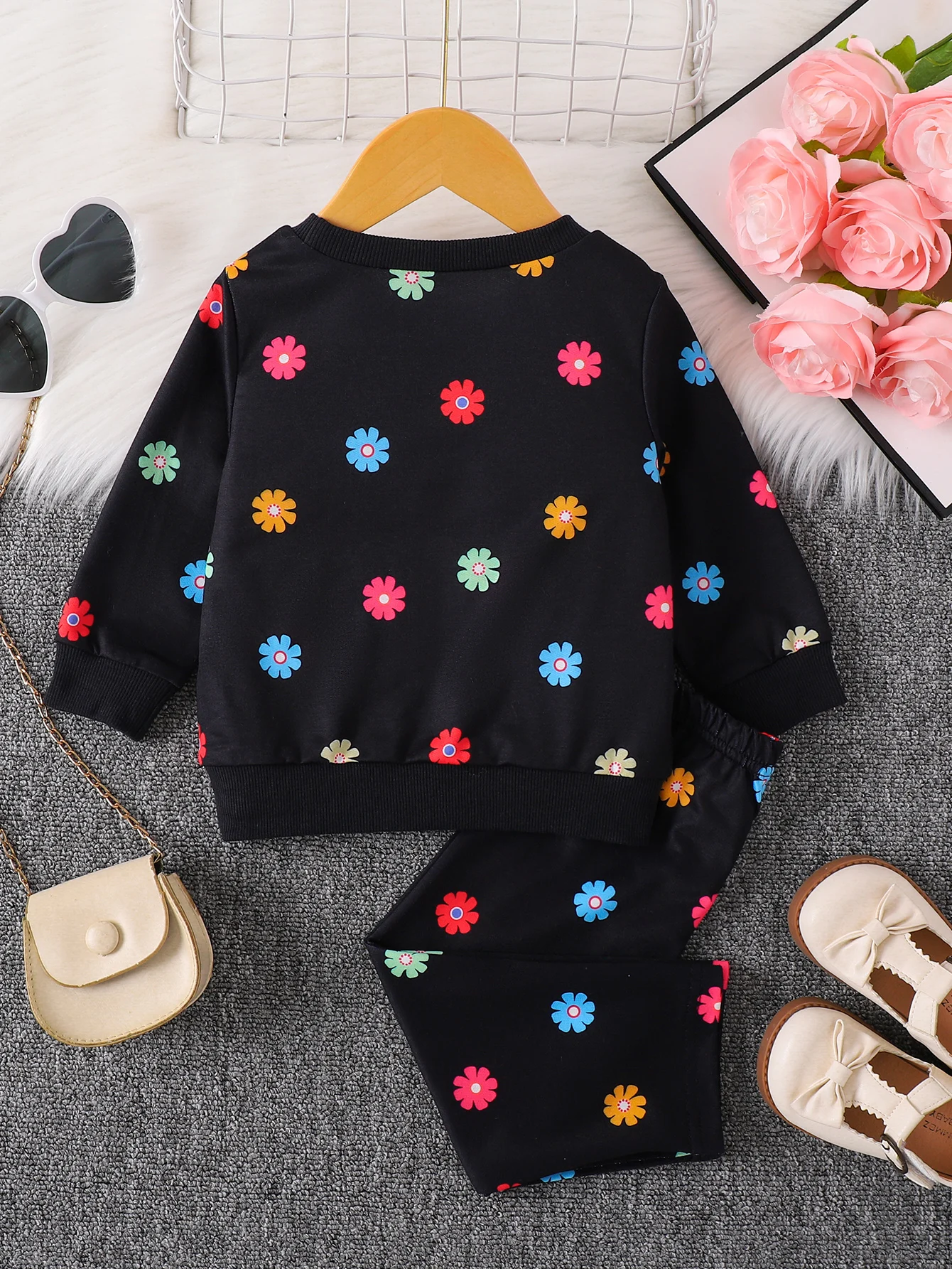 Black Base Colorful Flower Fun Set - Baby's Cool Sweet Autumn Outfit