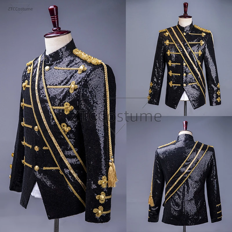 

Men Stage Party Blazer Sequin Embellished Military Jacket Mens Halloween Cosplay Singer Show DJ Costume Homme