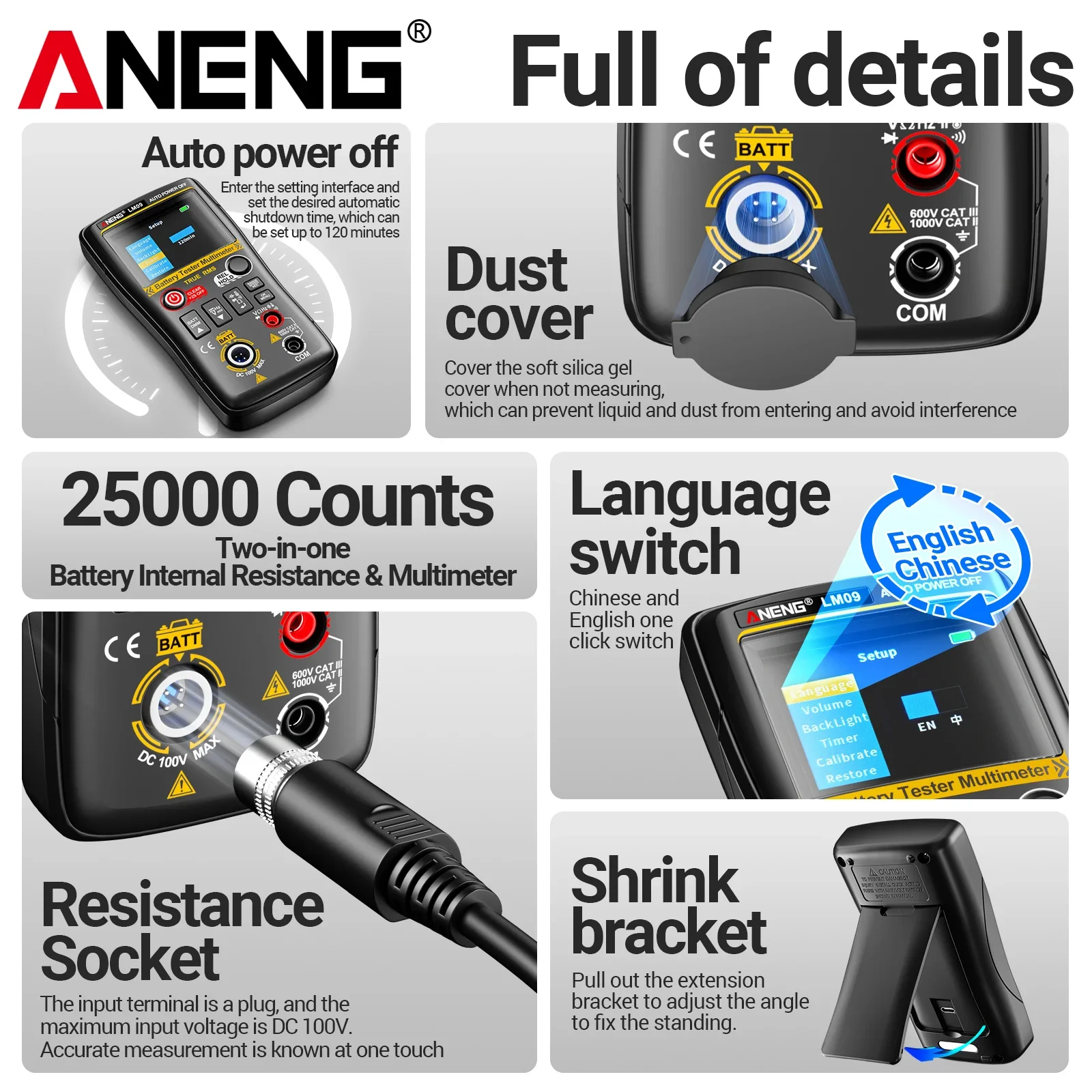 ANENG LM09 high-precision multimeter 25000 counting with battery internal resistance tester 1000V/750V AC/DC voltage measurement