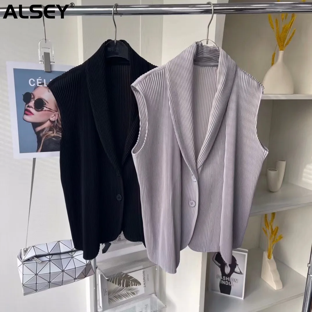

ALSEY Miyake Pleated Fashion Sleeveless Cardigan Jacket for Women's Fall New Lapel Korean Streetwear Casual Hundred Shirt