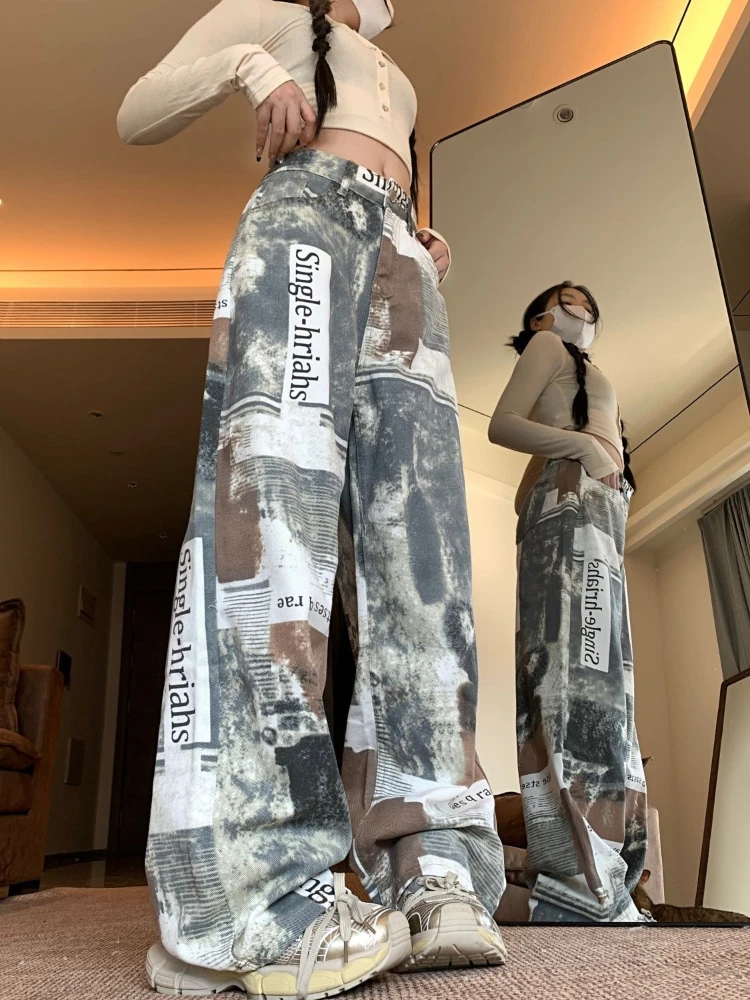 الأمريكية خمر شارع العليا جان طباعة إلكتروني نمط عارضة التعادل صبغ الهيب هوب فضفاض جيب منتصف الخصر حار نمط الساخن امرأة الخريف