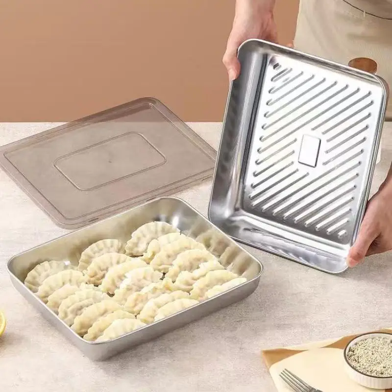 Kitchen Storage Box Refrigerator Organizer Stainless Steel Food Containers Tray For Dumpling Fruits Vegetables Meat Cake