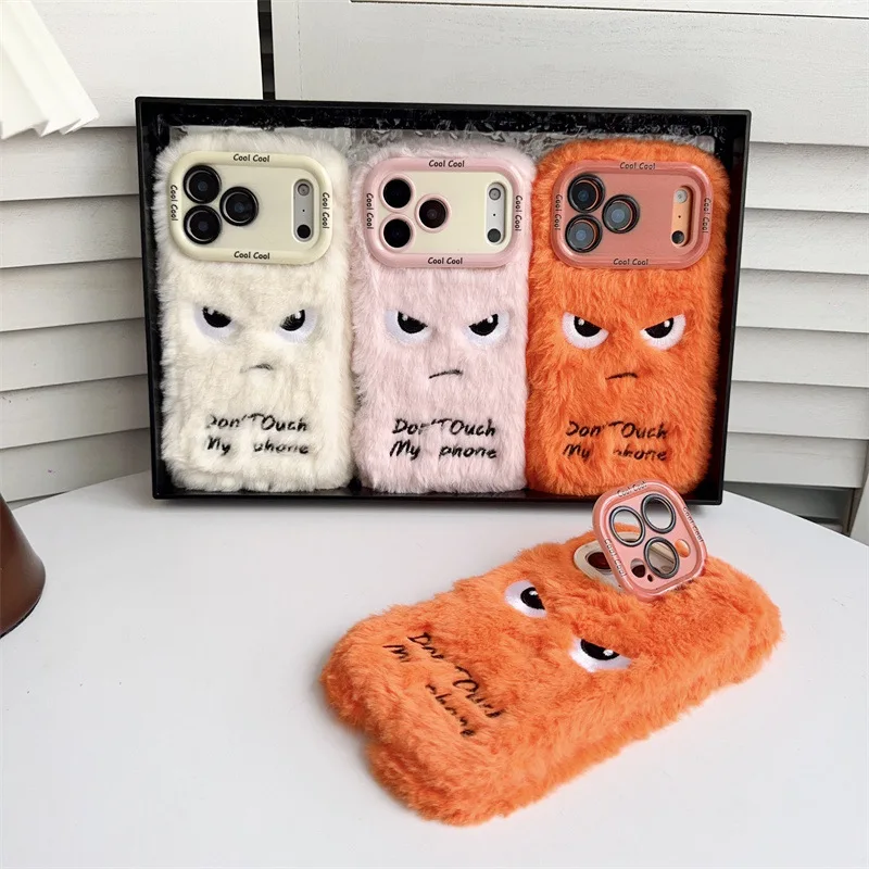 Cartoon Angry Face Expression Fluffy Plush Phone Case For iPhone Air 11 12 14 13 15 16 17 Pro Max Lens Bracket Shockproof Cover