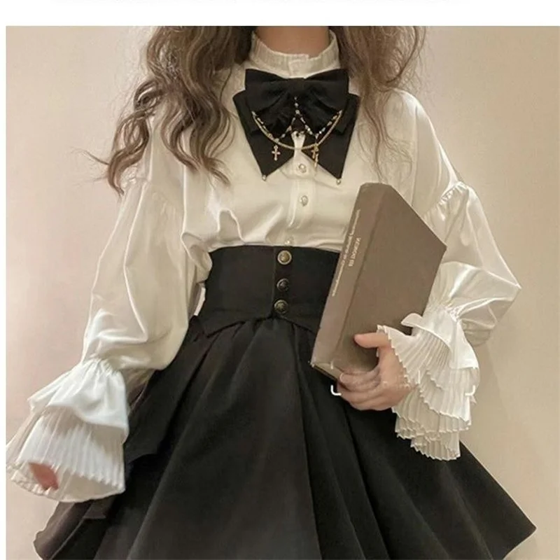 Halloween Gothic Lolita Lantern Sleeve Shirt Waist Lolita SK Half Skirt Evening Prayer Song Sister Coswear Y2K Costume